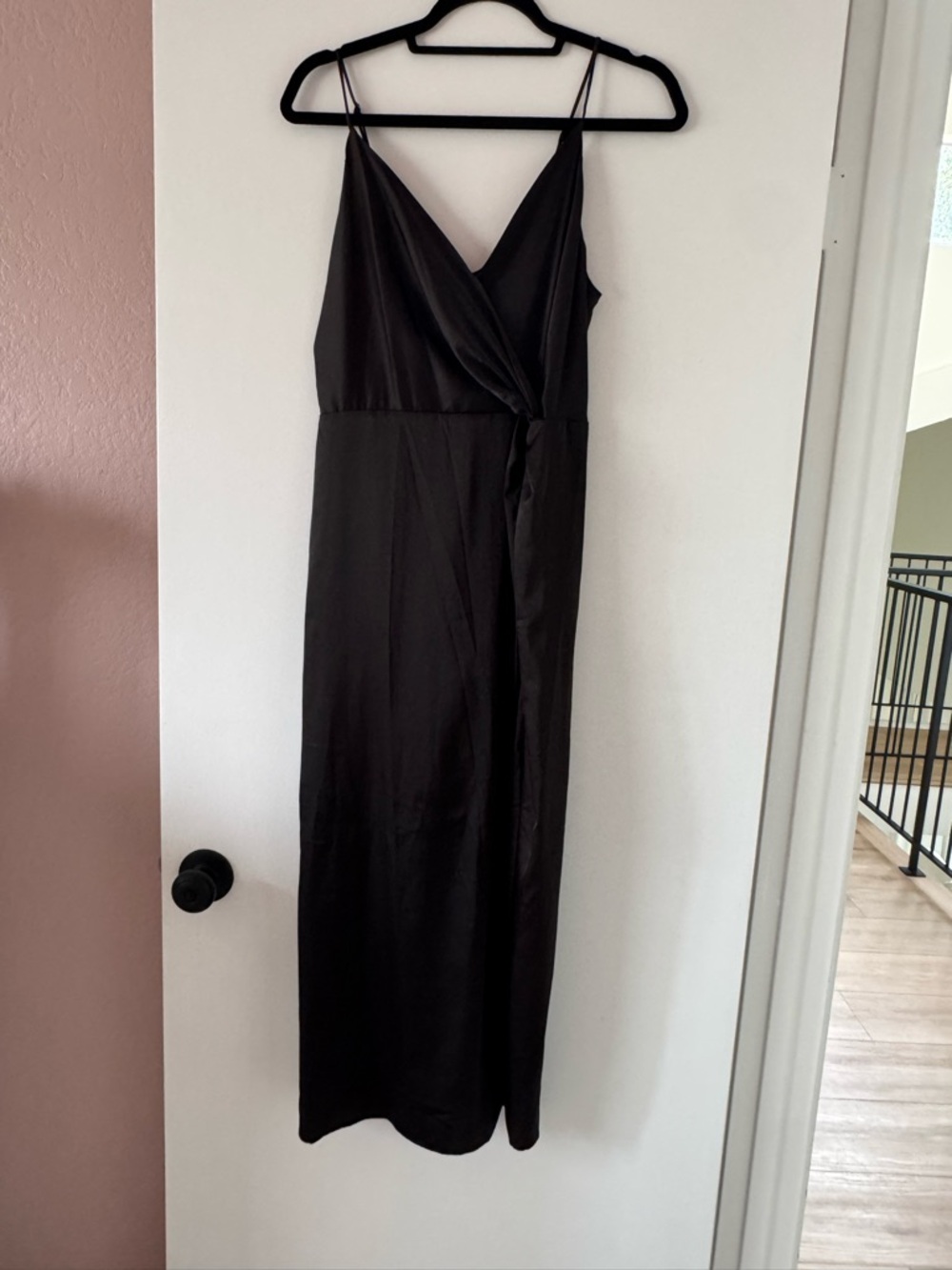Satin Spaghetti-Strap Wrap Midi Dress - Black